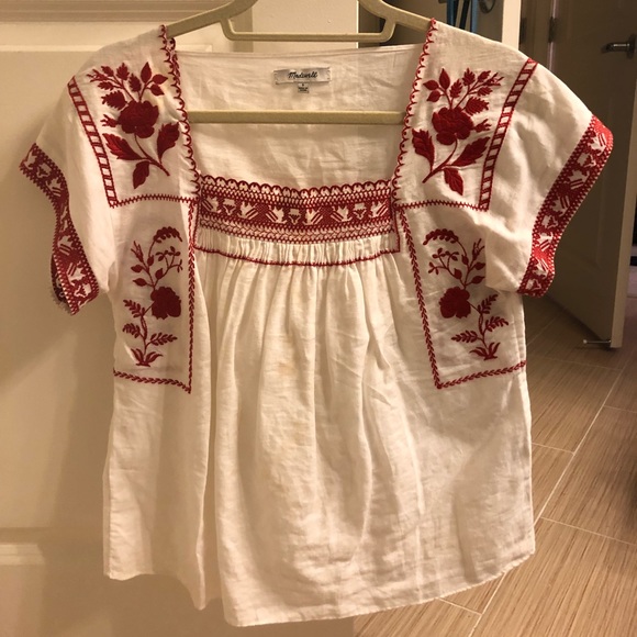 white and red peasant blouse